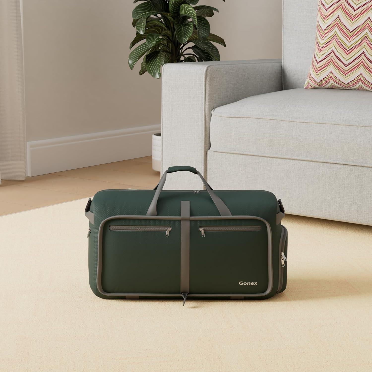 image:imageGonex 40L 60L 80L 100L 150L Large Foldable Travel Duffle Bag with Shoes Compartment Packable Lightweight Water Repellent Duffel Bag for Camping Gym Weekender BagDark Green