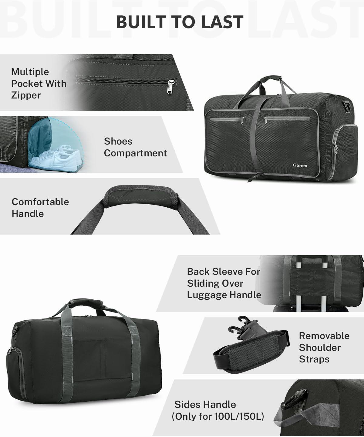 image:imageGonex 40L 60L 80L 100L 150L Large Foldable Travel Duffle Bag with Shoes Compartment Packable Lightweight Water Repellent Duffel Bag for Camping Gym Weekender BagGray