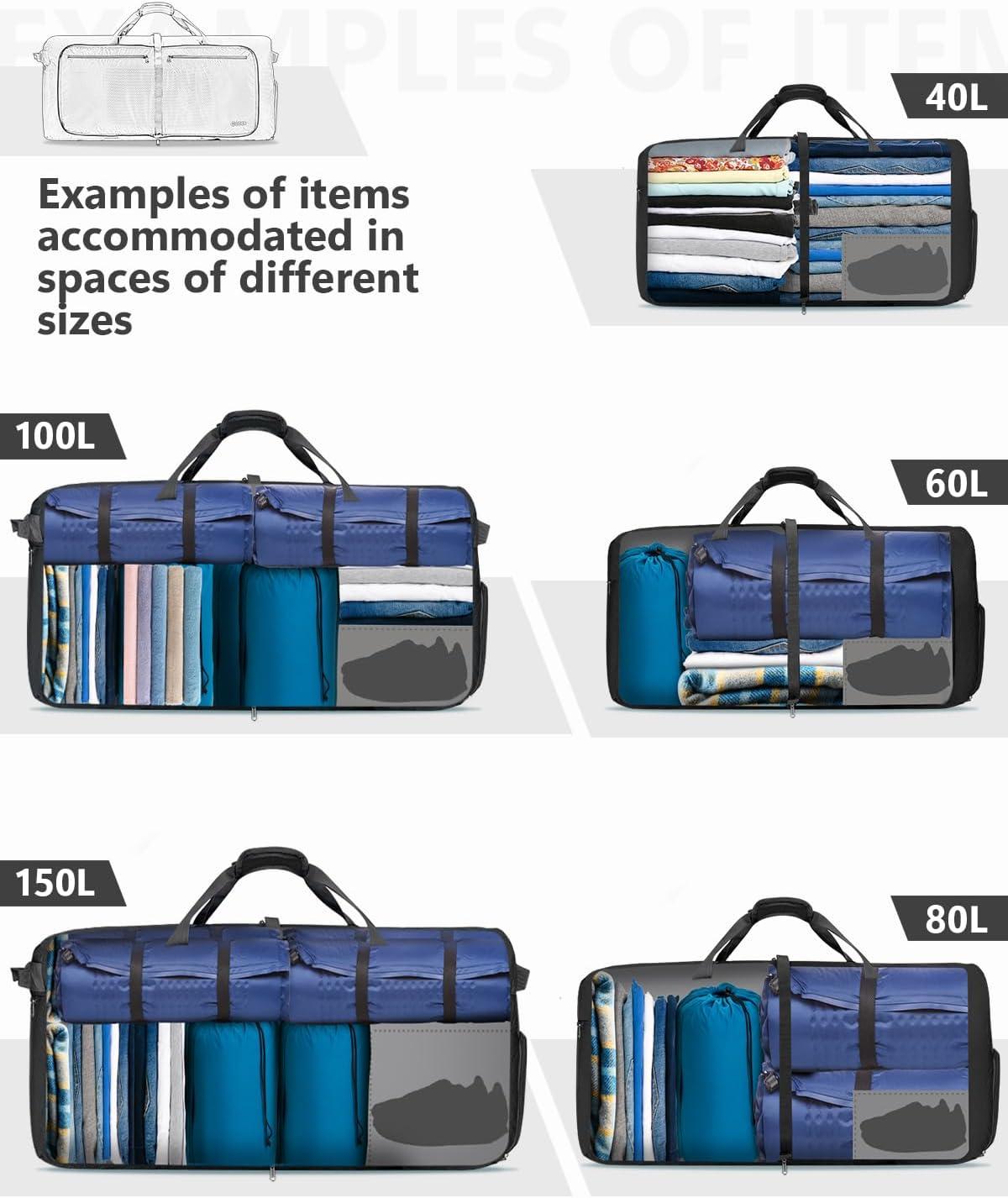 image:imageGonex 40L 60L 80L 100L 150L Large Foldable Travel Duffle Bag with Shoes Compartment Packable Lightweight Water Repellent Duffel Bag for Camping Gym Weekender BagBlack