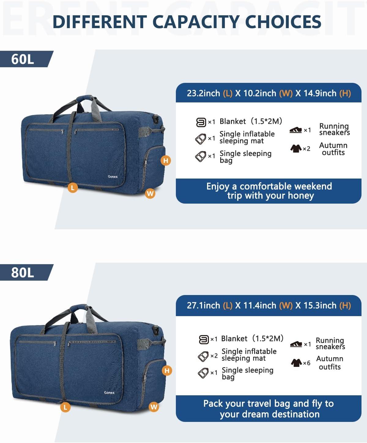 image:imageGonex 40L 60L 80L 100L 150L Large Foldable Travel Duffle Bag with Shoes Compartment Packable Lightweight Water Repellent Duffel Bag for Camping Gym Weekender BagDark Blue