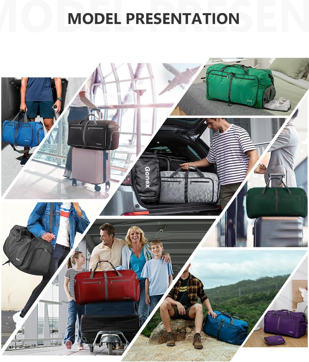 image:imageGonex 40L 60L 80L 100L 150L Large Foldable Travel Duffle Bag with Shoes Compartment Packable Lightweight Water Repellent Duffel Bag for Camping Gym Weekender BagBlack