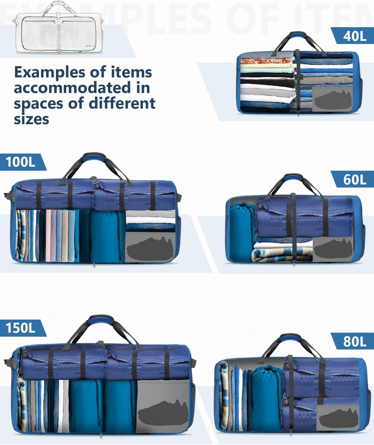 image:imageGonex 40L 60L 80L 100L 150L Large Foldable Travel Duffle Bag with Shoes Compartment Packable Lightweight Water Repellent Duffel Bag for Camping Gym Weekender BagDeep Blue
