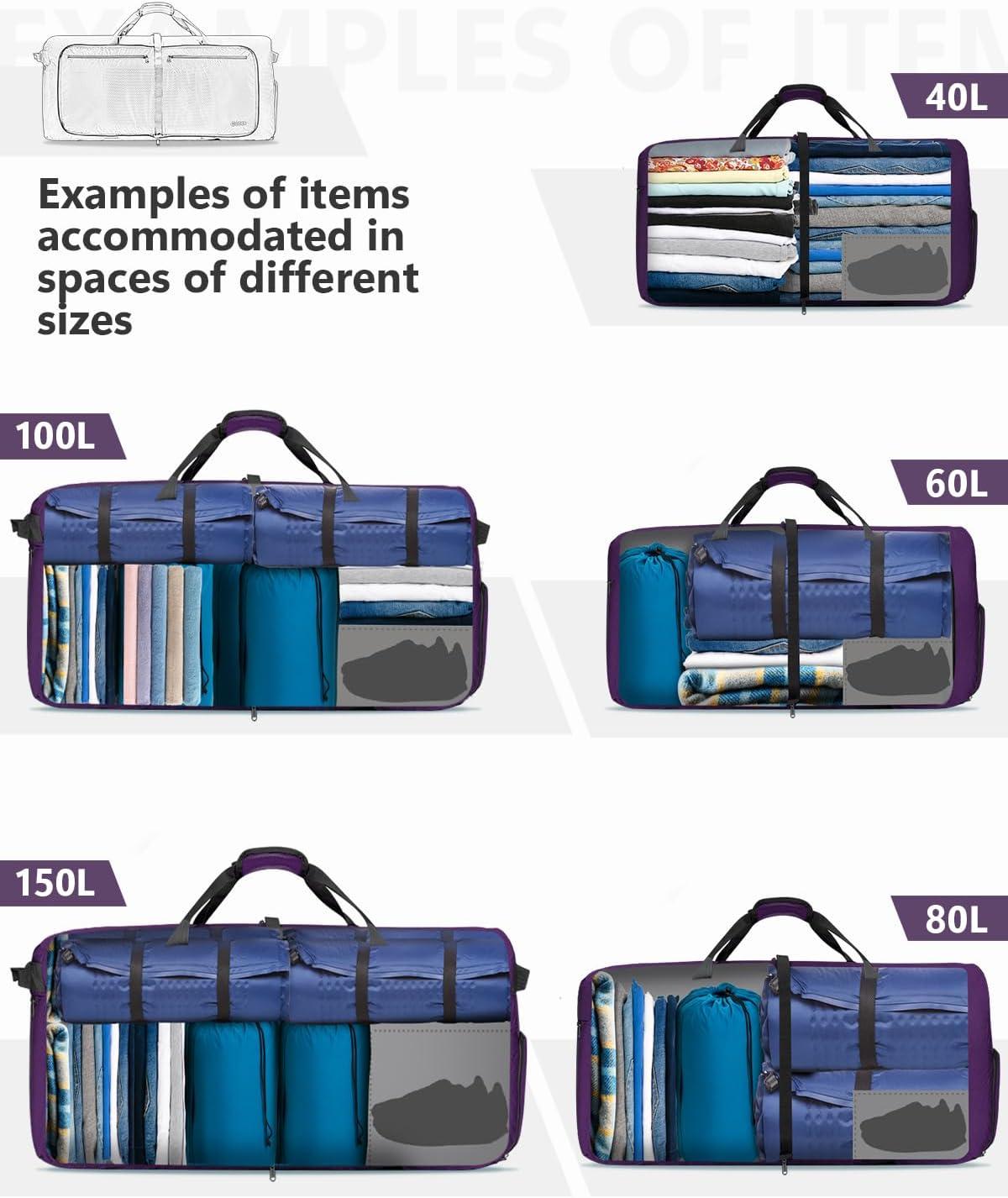 image:imageGonex 40L 60L 80L 100L 150L Large Foldable Travel Duffle Bag with Shoes Compartment Packable Lightweight Water Repellent Duffel Bag for Camping Gym Weekender BagPurple