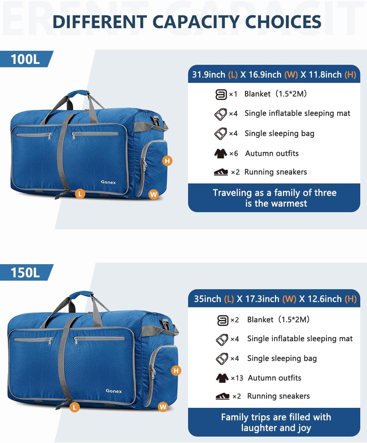 image:imageGonex 40L 60L 80L 100L 150L Large Foldable Travel Duffle Bag with Shoes Compartment Packable Lightweight Water Repellent Duffel Bag for Camping Gym Weekender BagDeep Blue