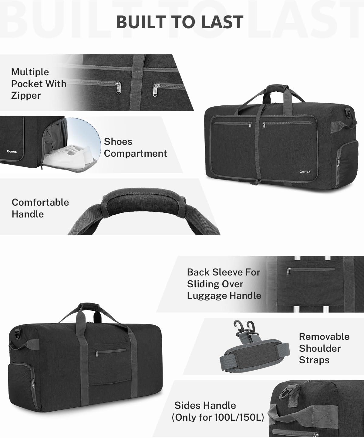 image:imageGonex 40L 60L 80L 100L 150L Large Foldable Travel Duffle Bag with Shoes Compartment Packable Lightweight Water Repellent Duffel Bag for Camping Gym Weekender BagDark Grey