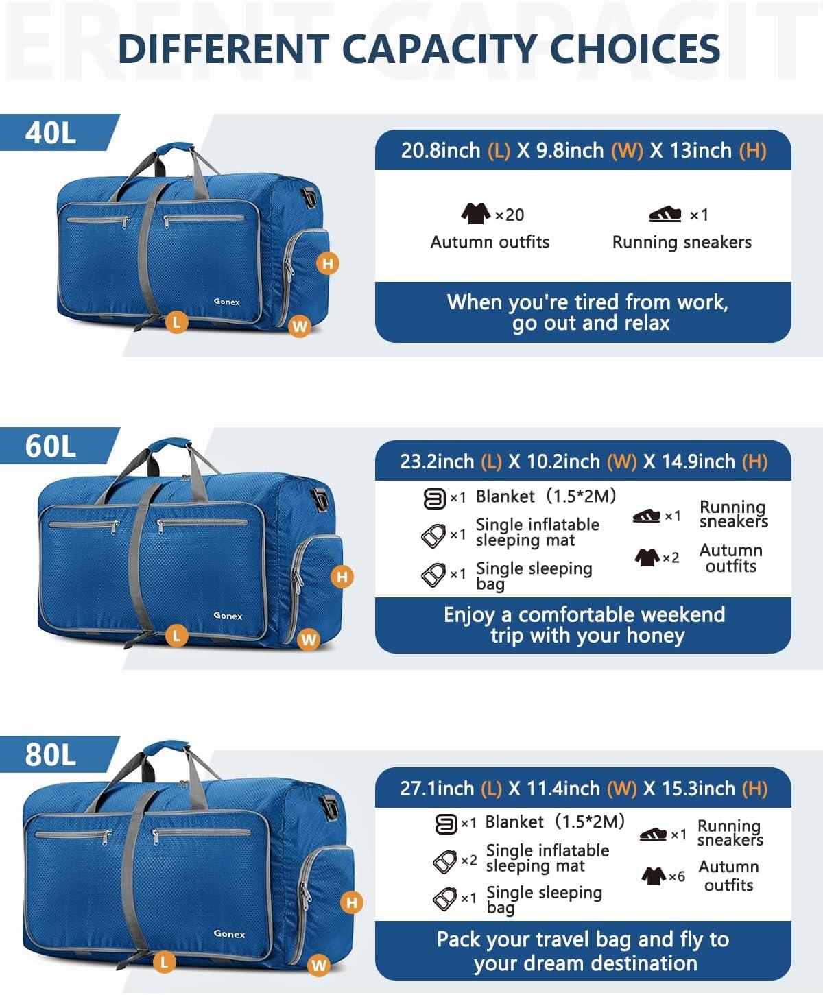 image:imageGonex 40L 60L 80L 100L 150L Large Foldable Travel Duffle Bag with Shoes Compartment Packable Lightweight Water Repellent Duffel Bag for Camping Gym Weekender BagDeep Blue