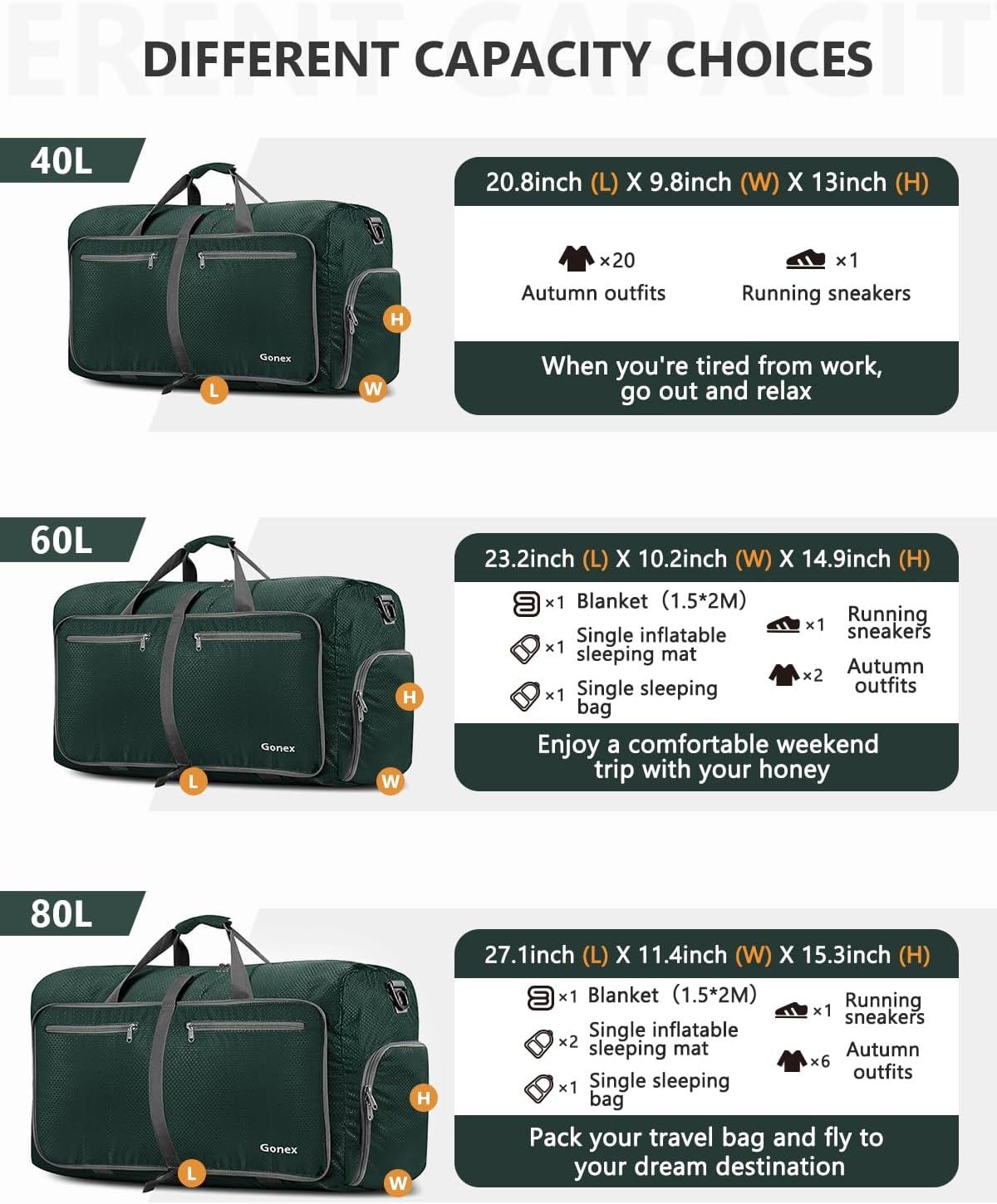 image:imageGonex 40L 60L 80L 100L 150L Large Foldable Travel Duffle Bag with Shoes Compartment Packable Lightweight Water Repellent Duffel Bag for Camping Gym Weekender BagDark Green