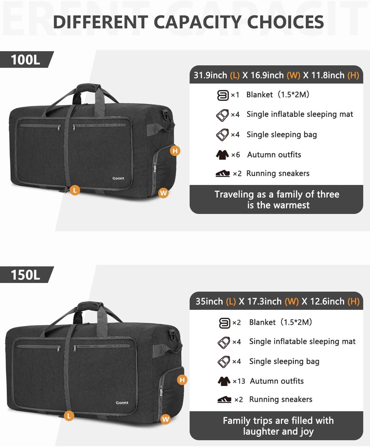 image:imageGonex 40L 60L 80L 100L 150L Large Foldable Travel Duffle Bag with Shoes Compartment Packable Lightweight Water Repellent Duffel Bag for Camping Gym Weekender BagDark Grey