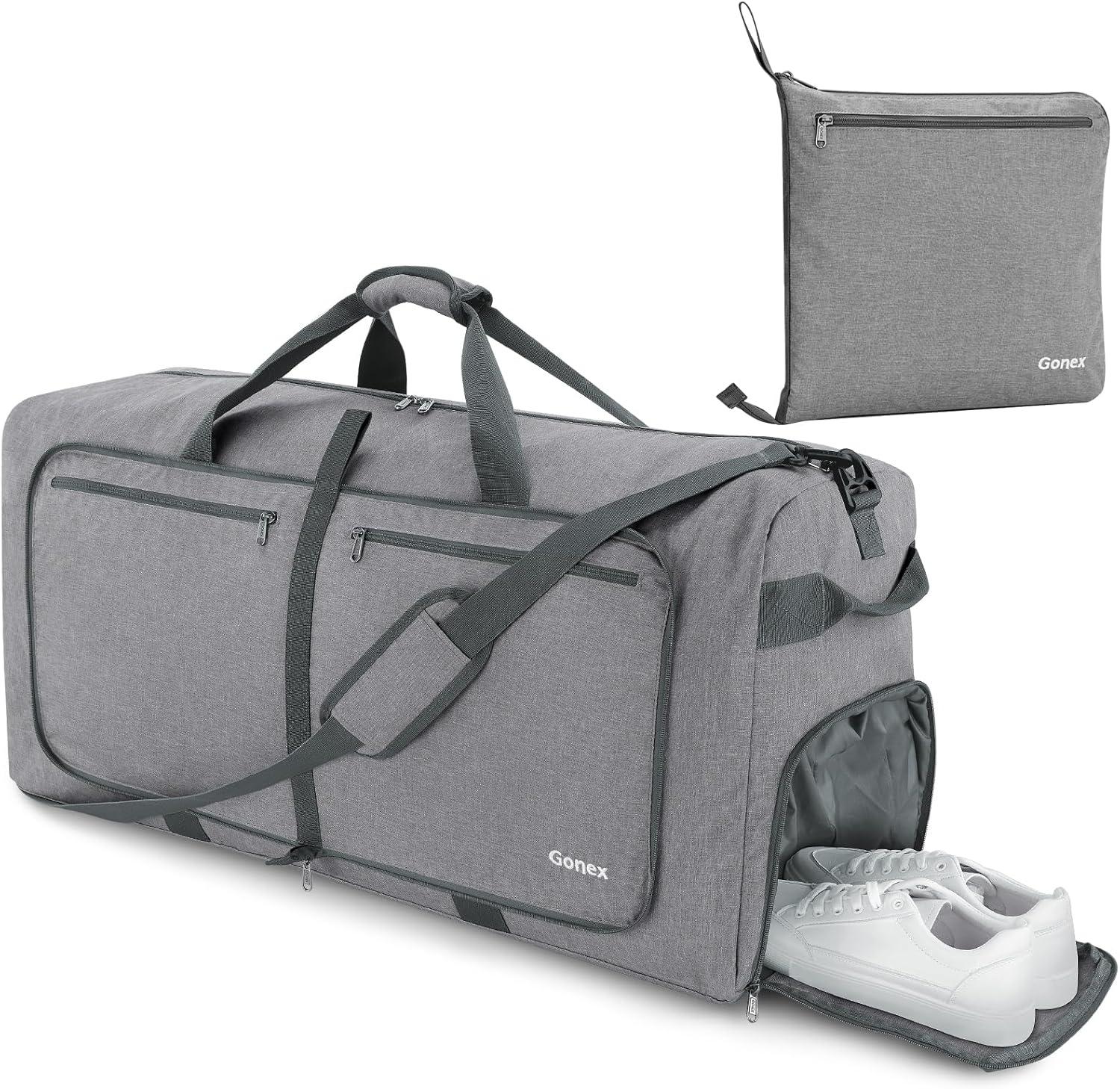 image:imageGonex 40L 60L 80L 100L 150L Large Foldable Travel Duffle Bag with Shoes Compartment Packable Lightweight Water Repellent Duffel Bag for Camping Gym Weekender BagLight Grey
