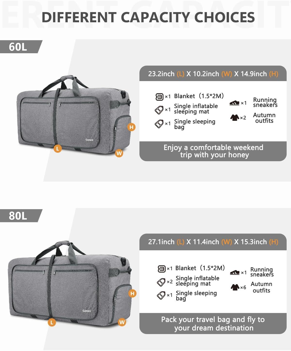 image:imageGonex 40L 60L 80L 100L 150L Large Foldable Travel Duffle Bag with Shoes Compartment Packable Lightweight Water Repellent Duffel Bag for Camping Gym Weekender BagLight Grey