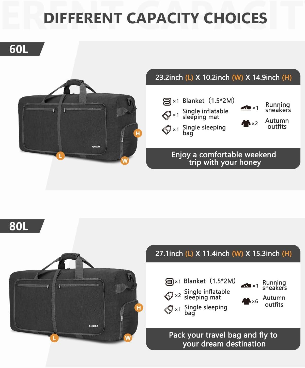 image:imageGonex 40L 60L 80L 100L 150L Large Foldable Travel Duffle Bag with Shoes Compartment Packable Lightweight Water Repellent Duffel Bag for Camping Gym Weekender BagDark Grey