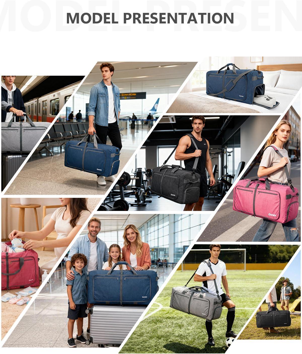 image:imageGonex 40L 60L 80L 100L 150L Large Foldable Travel Duffle Bag with Shoes Compartment Packable Lightweight Water Repellent Duffel Bag for Camping Gym Weekender BagLight Grey