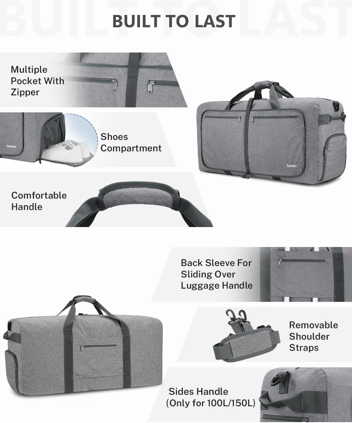 image:imageGonex 40L 60L 80L 100L 150L Large Foldable Travel Duffle Bag with Shoes Compartment Packable Lightweight Water Repellent Duffel Bag for Camping Gym Weekender BagLight Grey