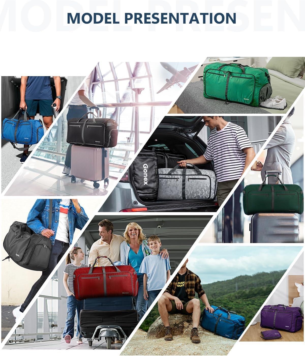 image:imageGonex 40L 60L 80L 100L 150L Large Foldable Travel Duffle Bag with Shoes Compartment Packable Lightweight Water Repellent Duffel Bag for Camping Gym Weekender BagDeep Blue