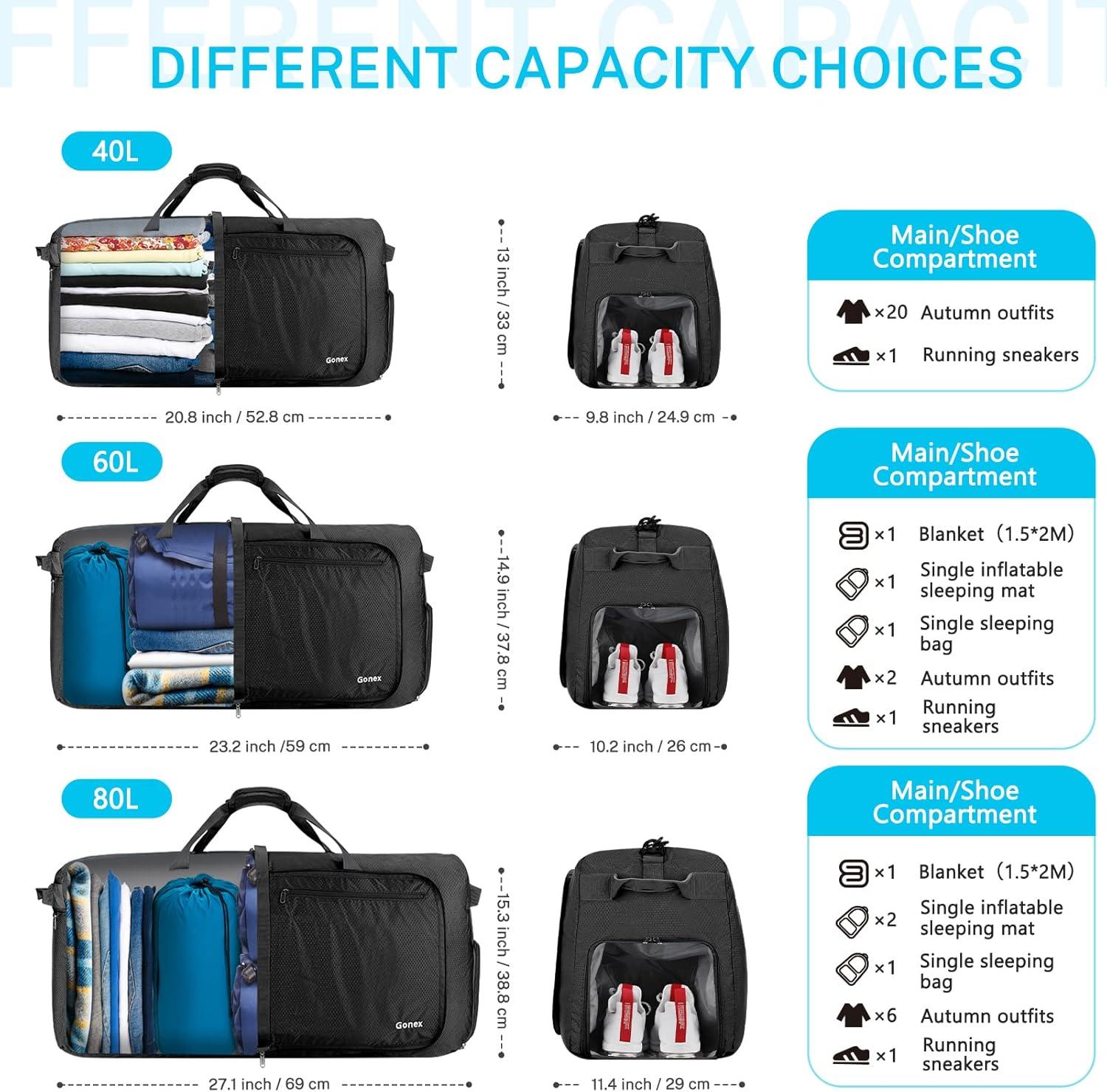 image:imageGonex 40L 60L 80L 100L 150L Large Foldable Travel Duffle Bag with Shoes Compartment Packable Lightweight Water Repellent Duffel Bag for Camping Gym Weekender BagBlackish Green