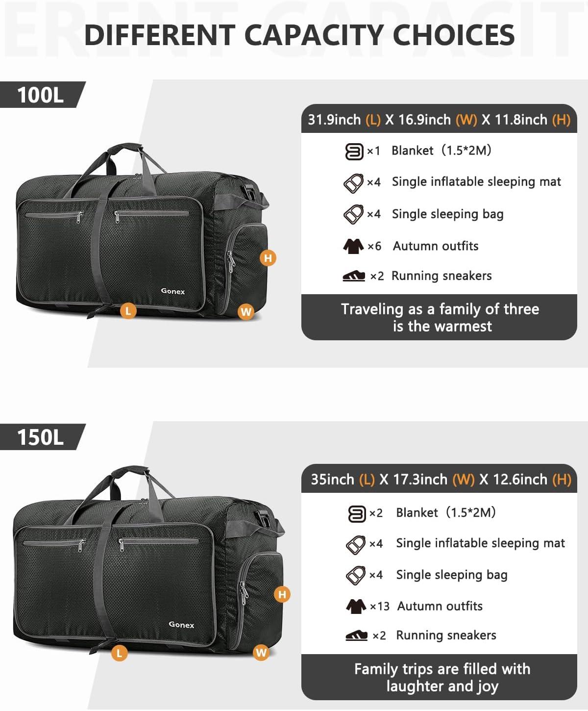 image:imageGonex 40L 60L 80L 100L 150L Large Foldable Travel Duffle Bag with Shoes Compartment Packable Lightweight Water Repellent Duffel Bag for Camping Gym Weekender BagGray