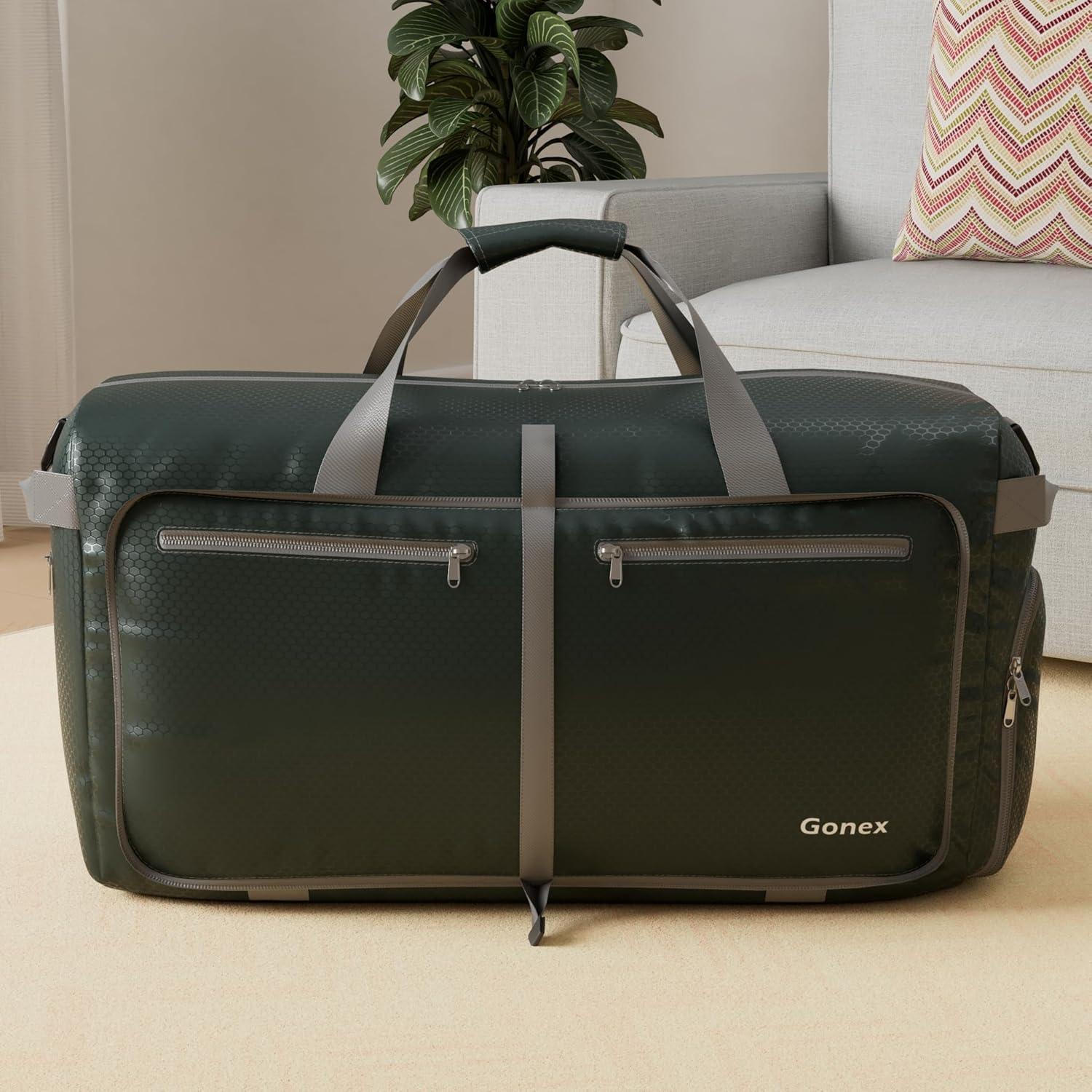 image:imageGonex 40L 60L 80L 100L 150L Large Foldable Travel Duffle Bag with Shoes Compartment Packable Lightweight Water Repellent Duffel Bag for Camping Gym Weekender BagBlackish Green
