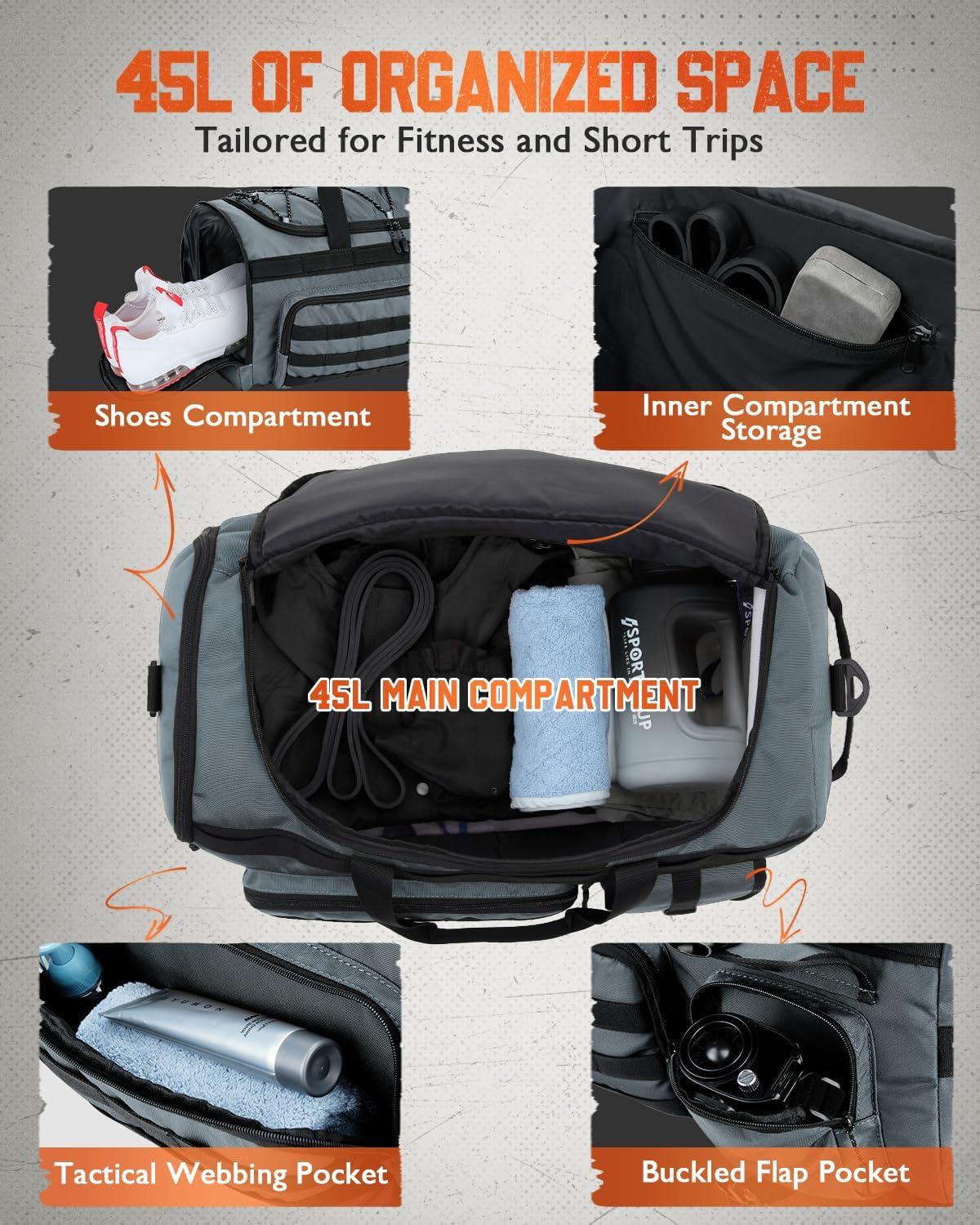 image:imageGonex 45L Duffel Bag for Men 3 in 1 Convertible Carry Gym Duffle with Shoe Compartment Tactical Gear Loops WaterRepellent Lining Workout amp Travel Bag Army GreenGrey
