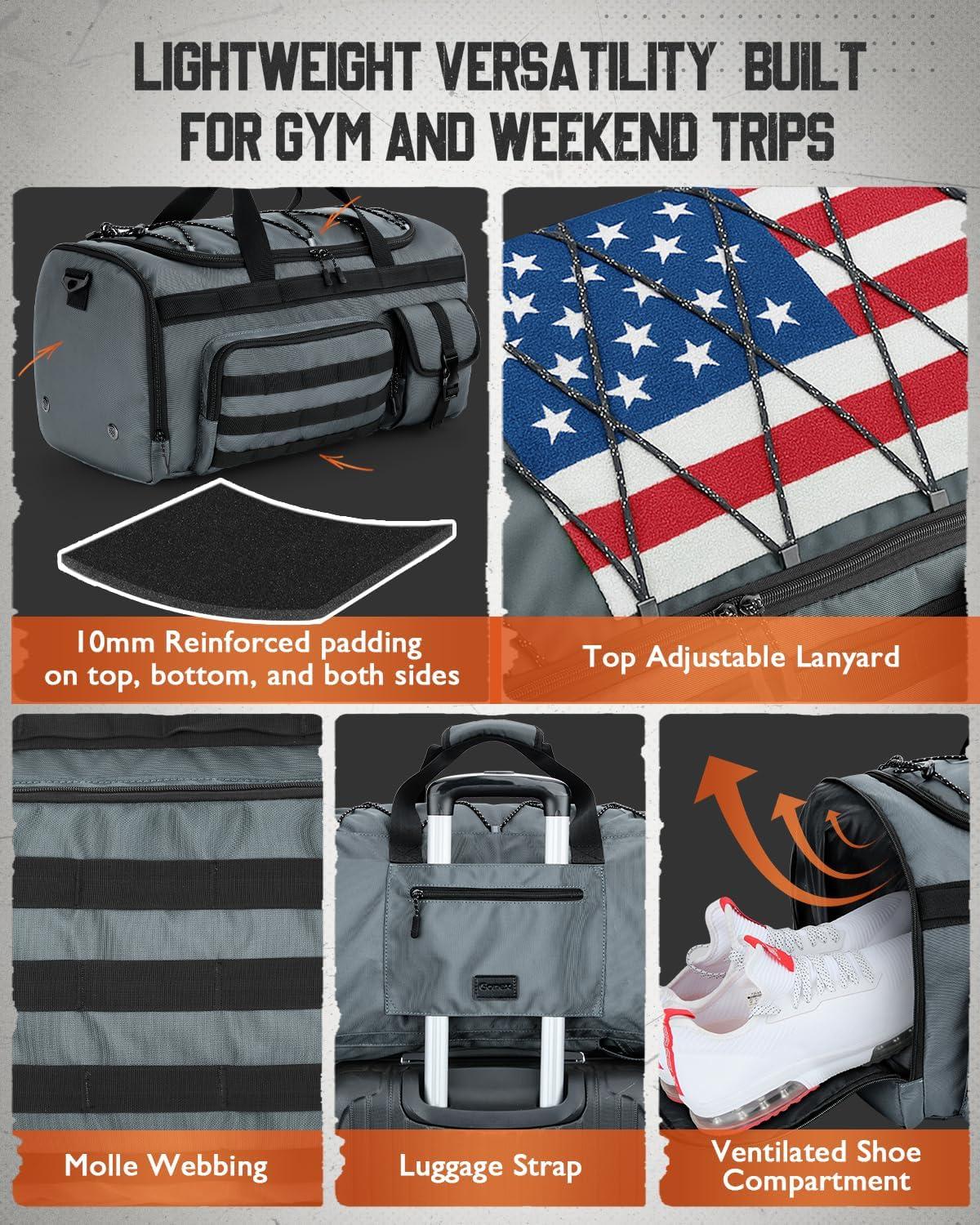 image:imageGonex 45L Duffel Bag for Men 3 in 1 Convertible Carry Gym Duffle with Shoe Compartment Tactical Gear Loops WaterRepellent Lining Workout amp Travel Bag Army GreenGrey