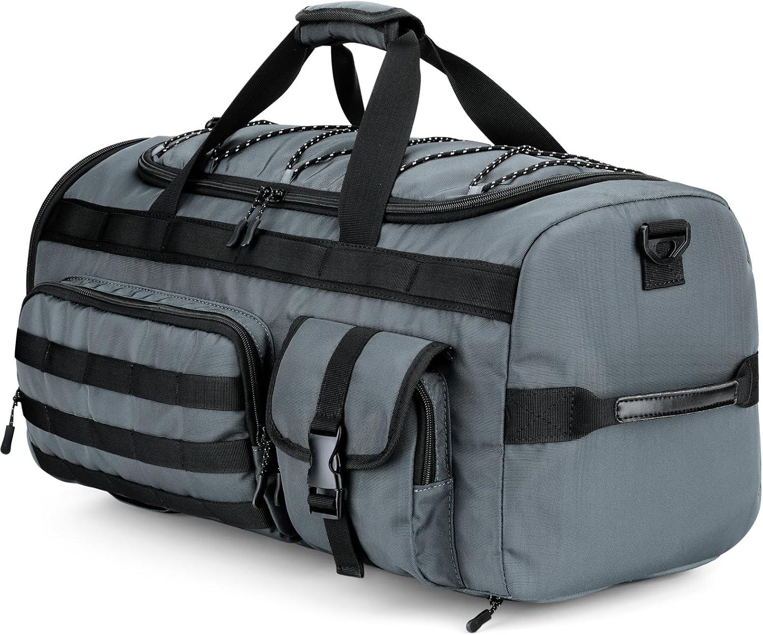 image:imageGonex 45L Duffel Bag for Men 3 in 1 Convertible Carry Gym Duffle with Shoe Compartment Tactical Gear Loops WaterRepellent Lining Workout amp Travel Bag Army GreenGrey