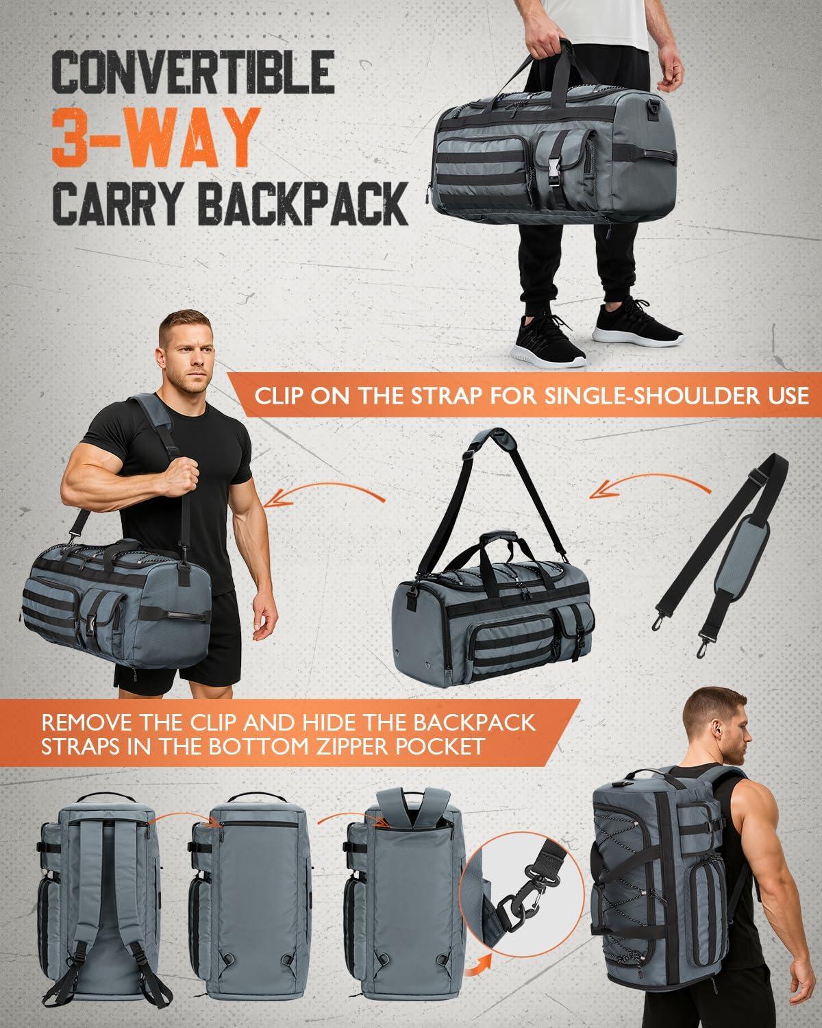 image:imageGonex 45L Duffel Bag for Men 3 in 1 Convertible Carry Gym Duffle with Shoe Compartment Tactical Gear Loops WaterRepellent Lining Workout amp Travel Bag Army GreenGrey