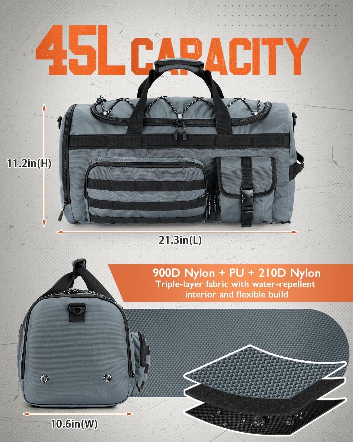 image:imageGonex 45L Duffel Bag for Men 3 in 1 Convertible Carry Gym Duffle with Shoe Compartment Tactical Gear Loops WaterRepellent Lining Workout amp Travel Bag Army GreenGrey