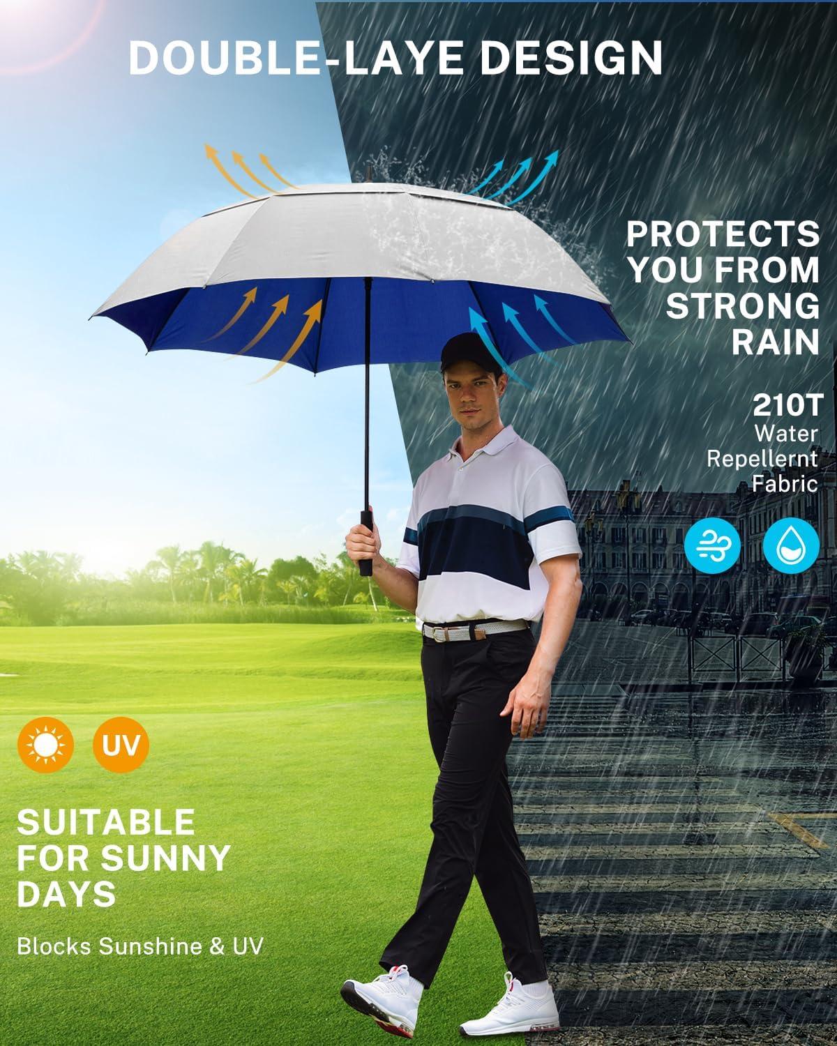 image:imageGonex 5462687280 Inch Extra Large Golf Umbrella Automatic Open Travel Rain Umbrella with Windproof Water Resistant Double Canopy Oversize Vented Umbrellas for 23 Men and UV Protection Multiple ColorsSilverBlue