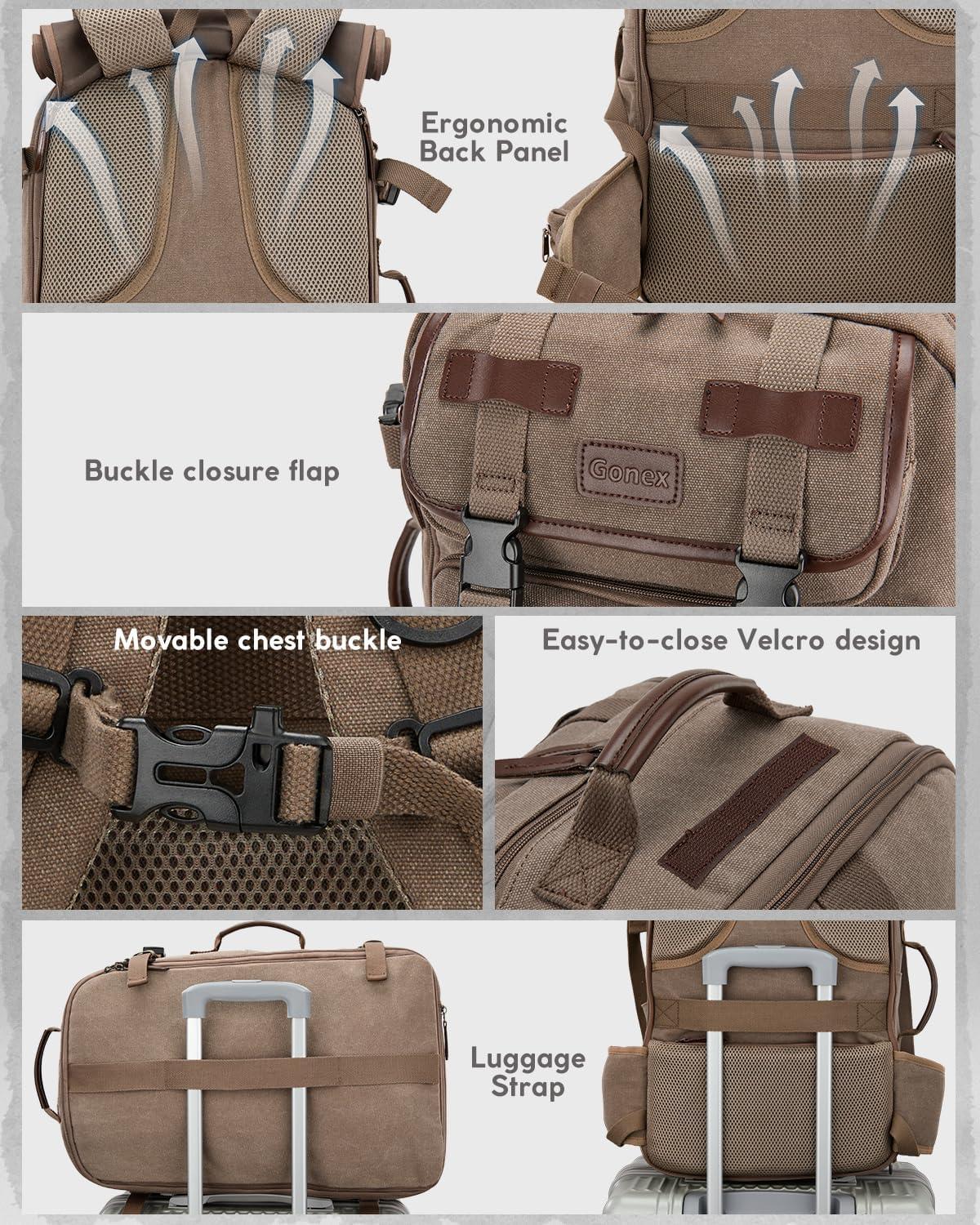 image:imageGonex Canvas Backpack Vintage 3in1 Convertible Laptop Bag for Travel Work amp College Large CarryOn Rucksack for Men amp Women Coffee BrownCoffee Brown