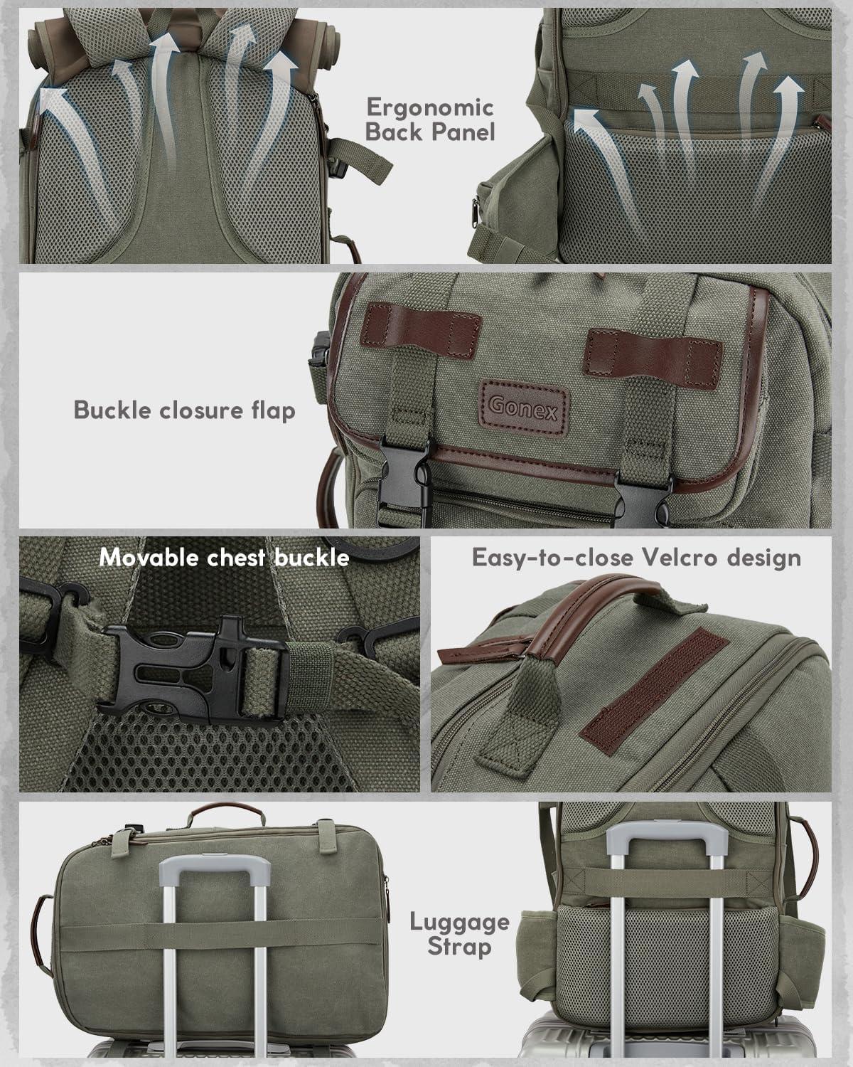 image:imageGonex Canvas Backpack Vintage 3in1 Convertible Laptop Bag for Travel Work amp College Large CarryOn Rucksack for Men amp Women Coffee BrownGreen