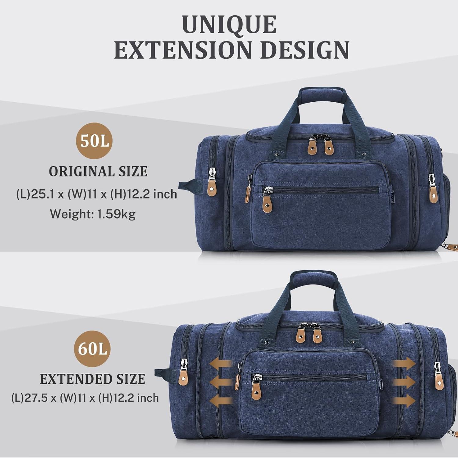 image:imageGonex Canvas Duffle Bag for Travel 60L Expandable Duffel Weekend Overnight Bag men Dark GrayBlue