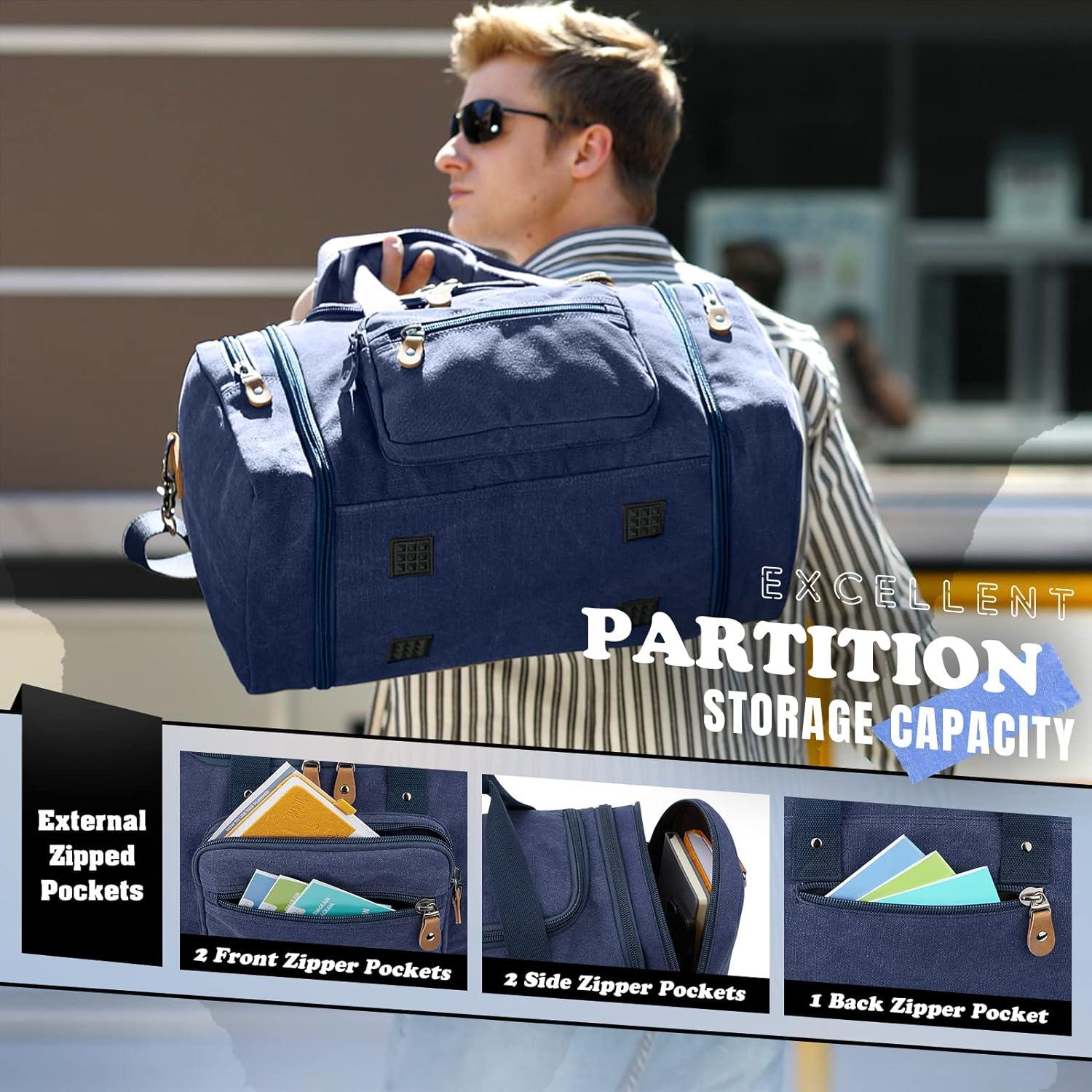 image:imageGonex Canvas Duffle Bag for Travel 60L Expandable Duffel Weekend Overnight Bag men Dark GrayBlue