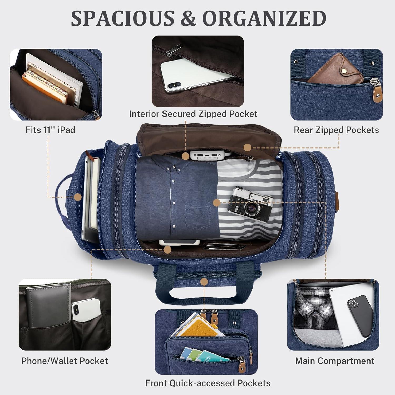 image:imageGonex Canvas Duffle Bag for Travel 60L Expandable Duffel Weekend Overnight Bag men Dark GrayBlue