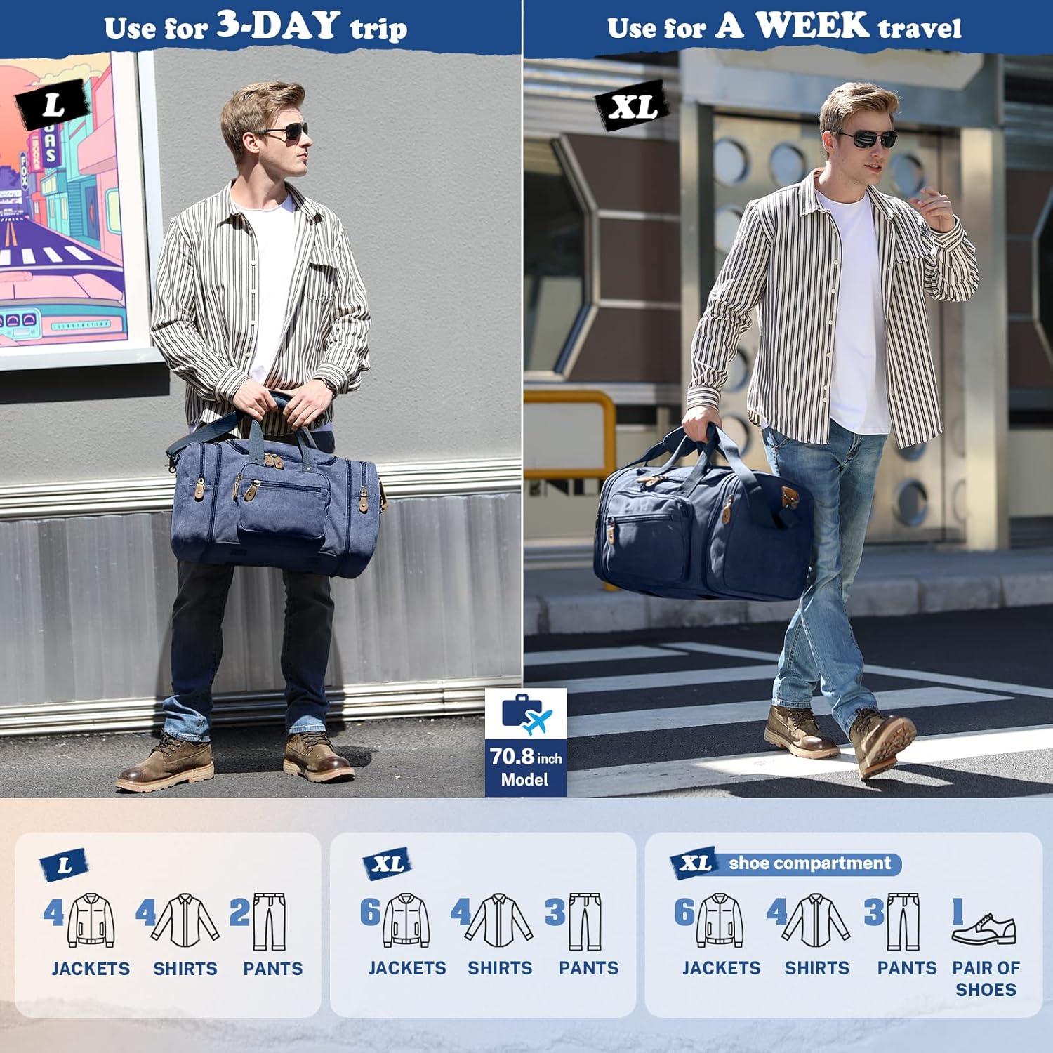 image:imageGonex Canvas Duffle Bag for Travel 60L Expandable Duffel Weekend Overnight Bag men Dark GrayBlue
