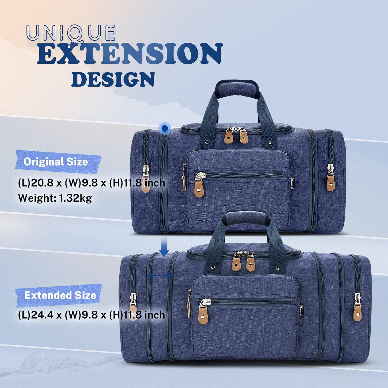 image:imageGonex Canvas Duffle Bag for Travel 60L Expandable Duffel Weekend Overnight Bag men Dark GrayBlue