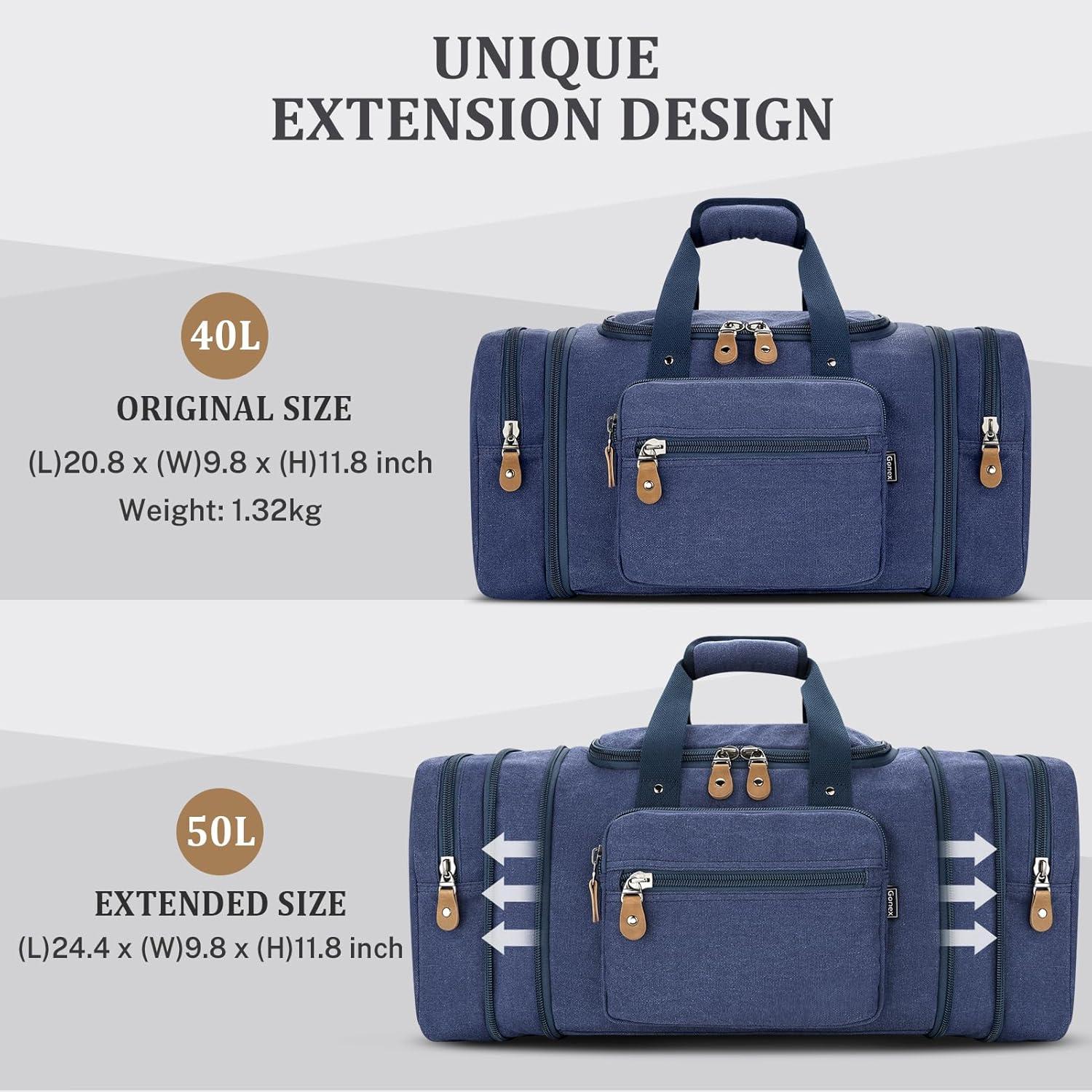 image:imageGonex Canvas Duffle Bag for Travel 60L Expandable Duffel Weekend Overnight Bag men Dark GrayBlue
