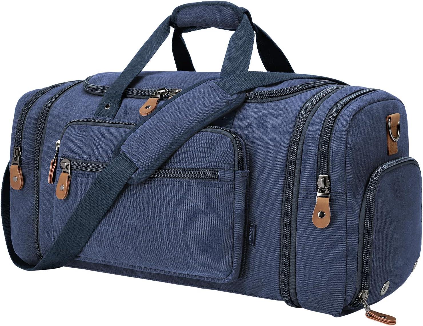 image:imageGonex Canvas Duffle Bag for Travel 60L Expandable Duffel Weekend Overnight Bag men Dark GrayBlue