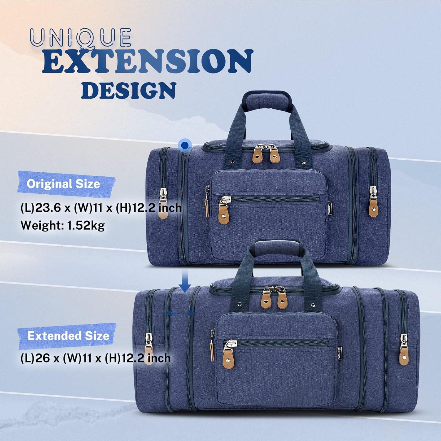 image:imageGonex Canvas Duffle Bag for Travel 60L Expandable Duffel Weekend Overnight Bag men Dark GrayBlue