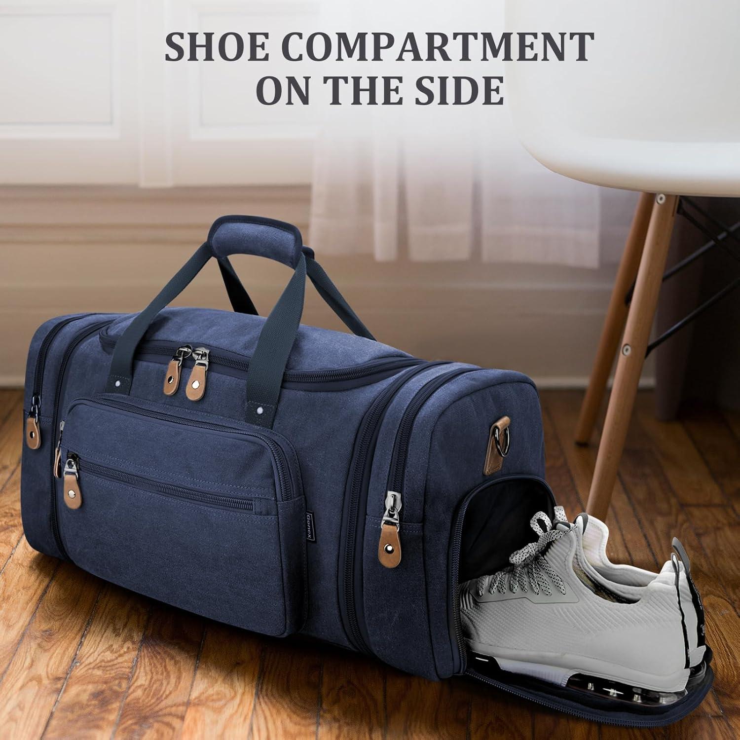 image:imageGonex Canvas Duffle Bag for Travel 60L Expandable Duffel Weekend Overnight Bag men Dark GrayBlue