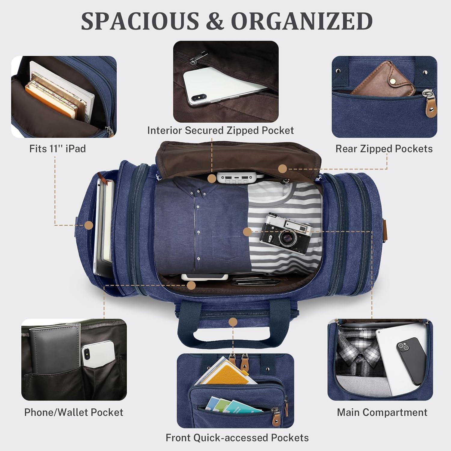 image:imageGonex Canvas Duffle Bag for Travel 60L Expandable Duffel Weekend Overnight Bag men Dark GrayBlue