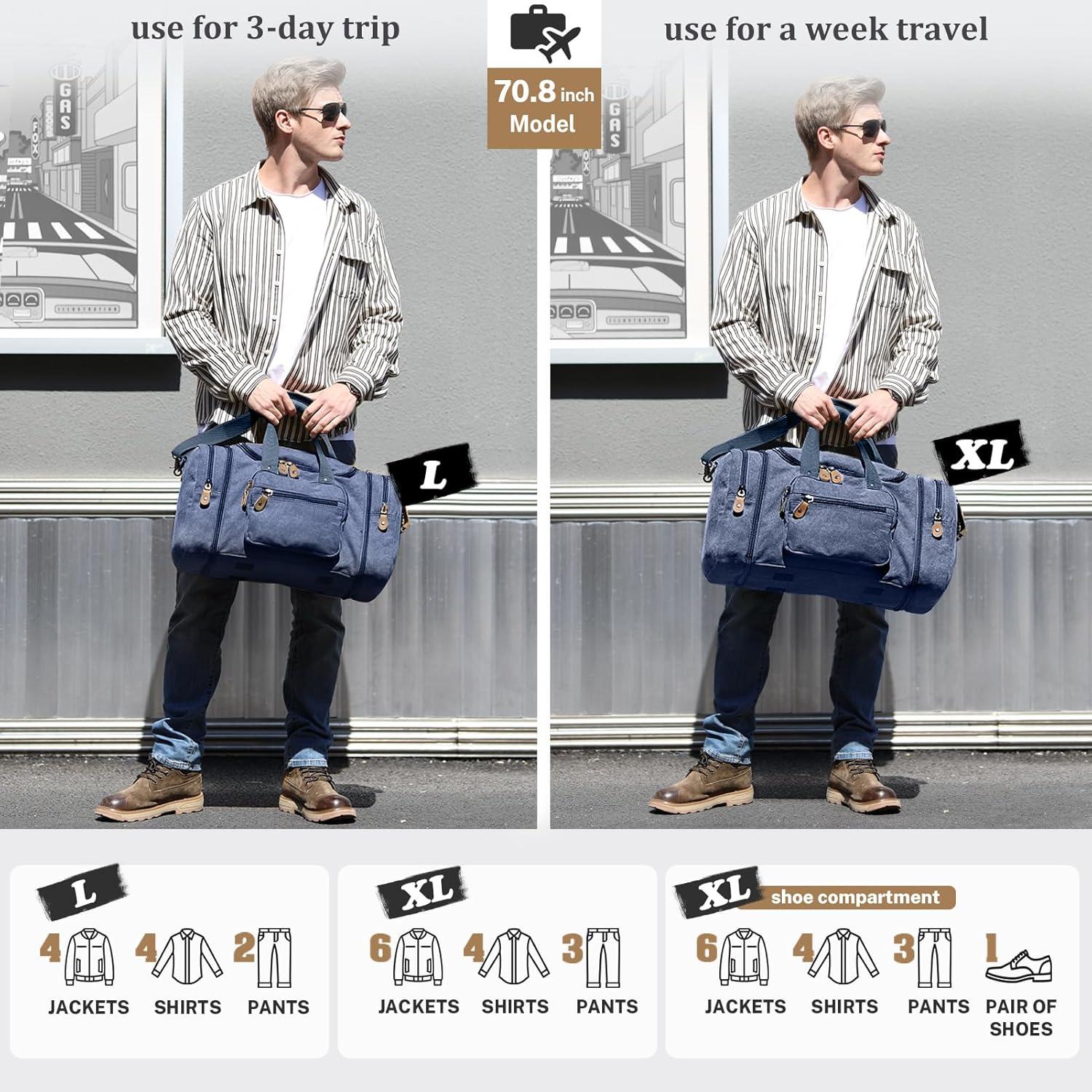image:imageGonex Canvas Duffle Bag for Travel 60L Expandable Duffel Weekend Overnight Bag men Dark GrayBlue