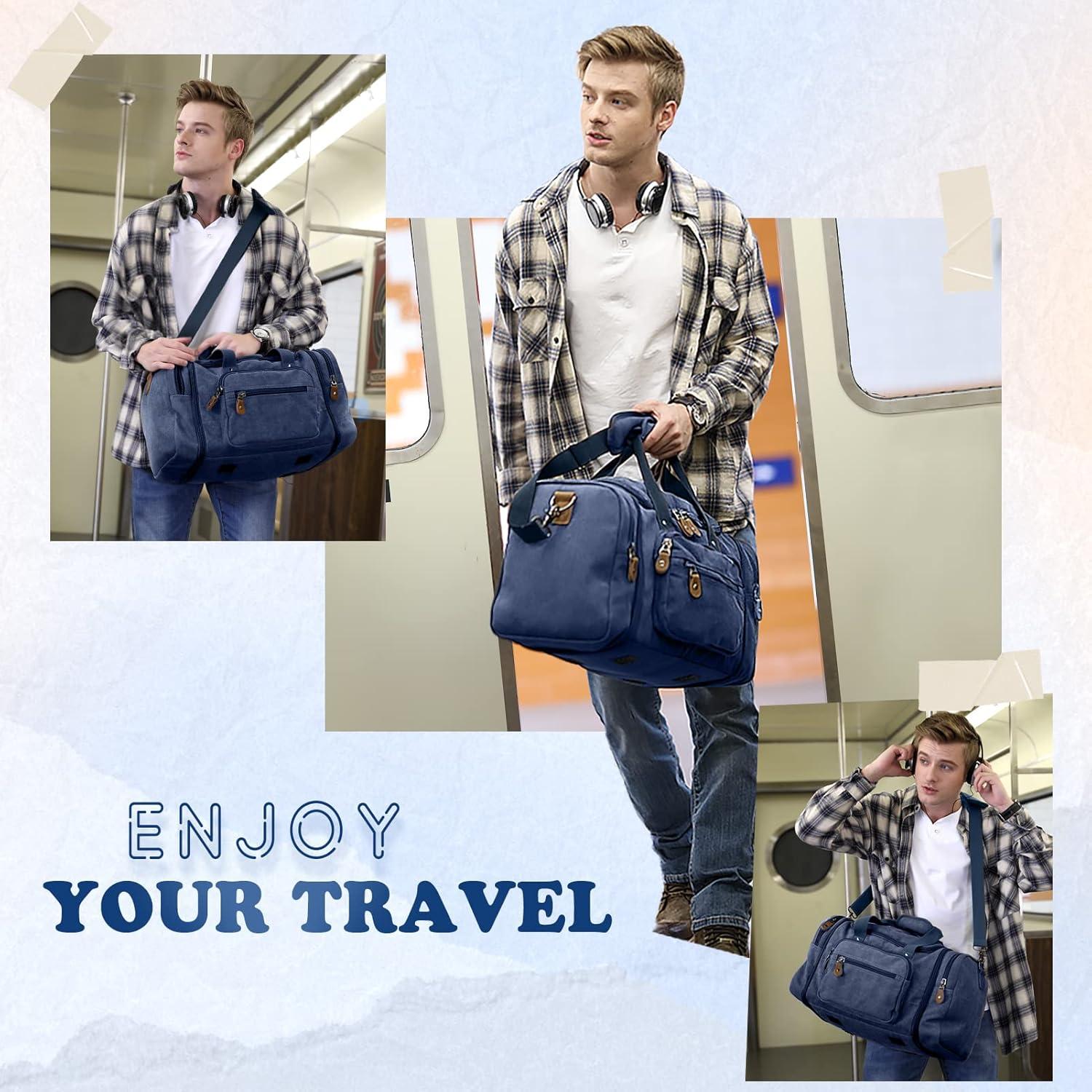 image:imageGonex Canvas Duffle Bag for Travel 60L Expandable Duffel Weekend Overnight Bag men Dark GrayBlue