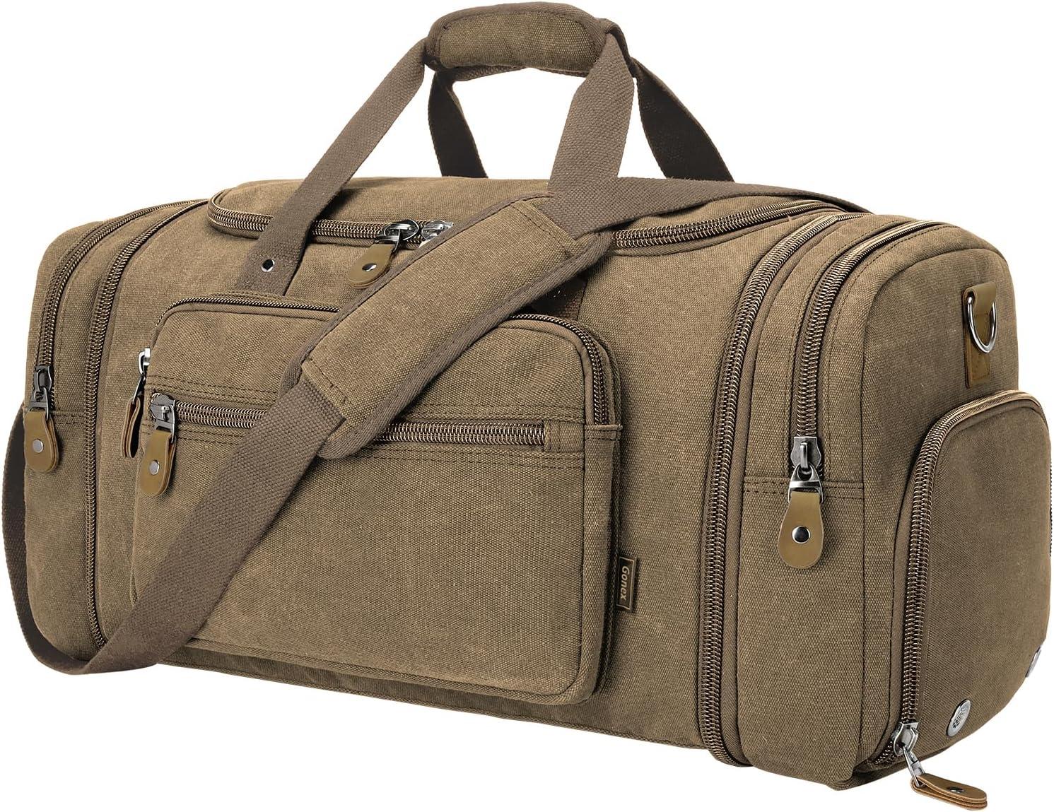 image:imageGonex Canvas Duffle Bag for Travel 60L Expandable Duffel Weekend Overnight Bag men Dark GrayCoffee