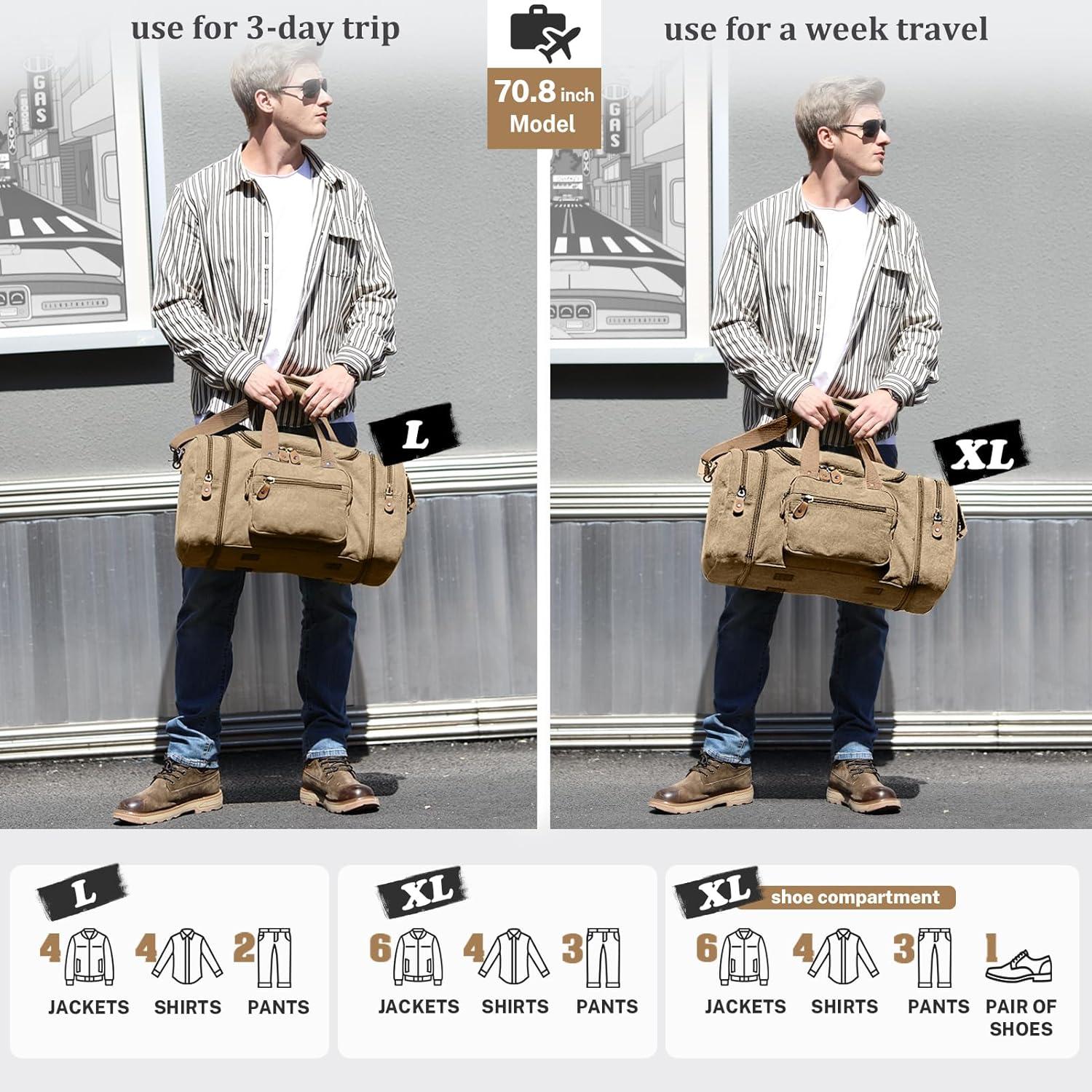 image:imageGonex Canvas Duffle Bag for Travel 60L Expandable Duffel Weekend Overnight Bag men Dark GrayCoffee