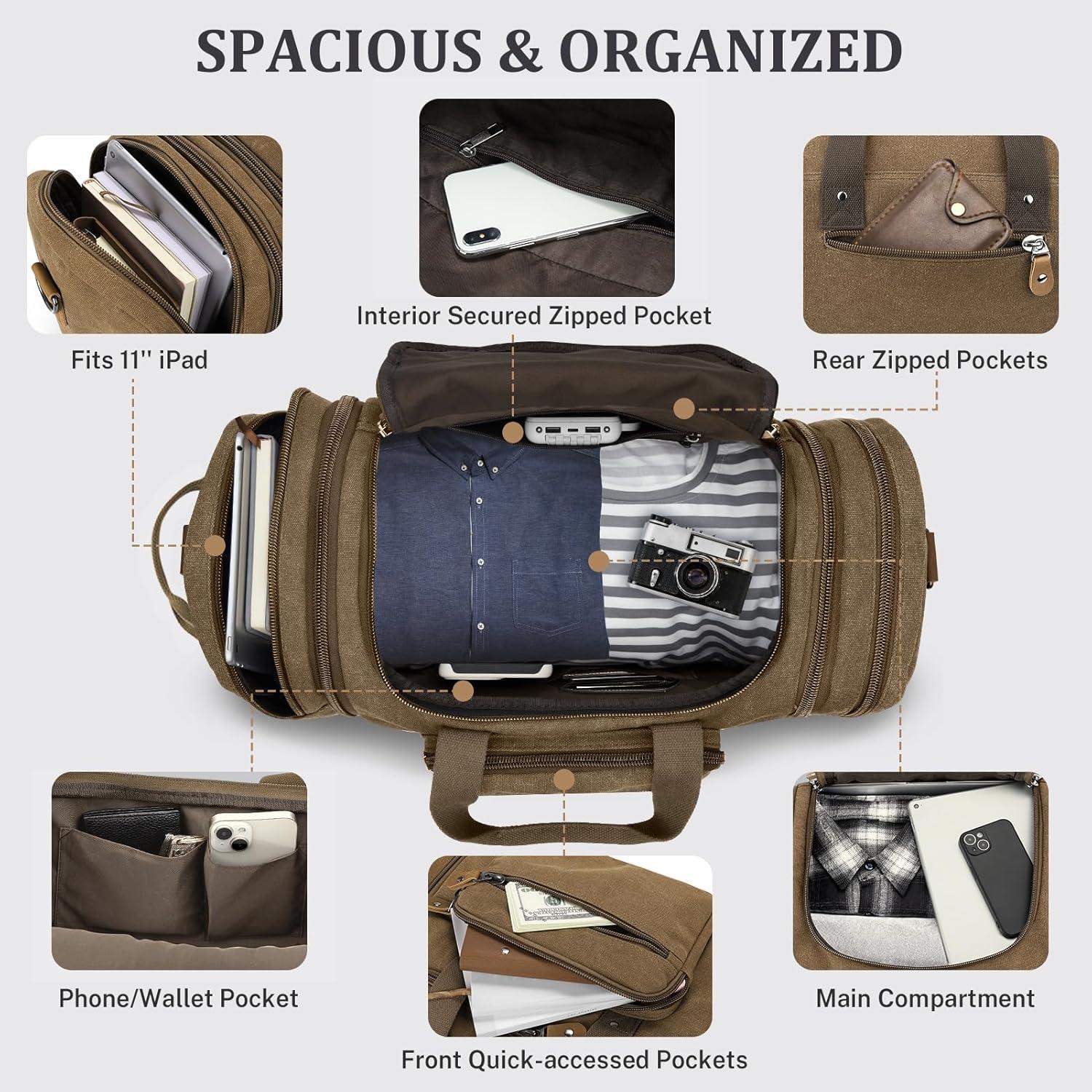 image:imageGonex Canvas Duffle Bag for Travel 60L Expandable Duffel Weekend Overnight Bag men Dark GrayCoffee
