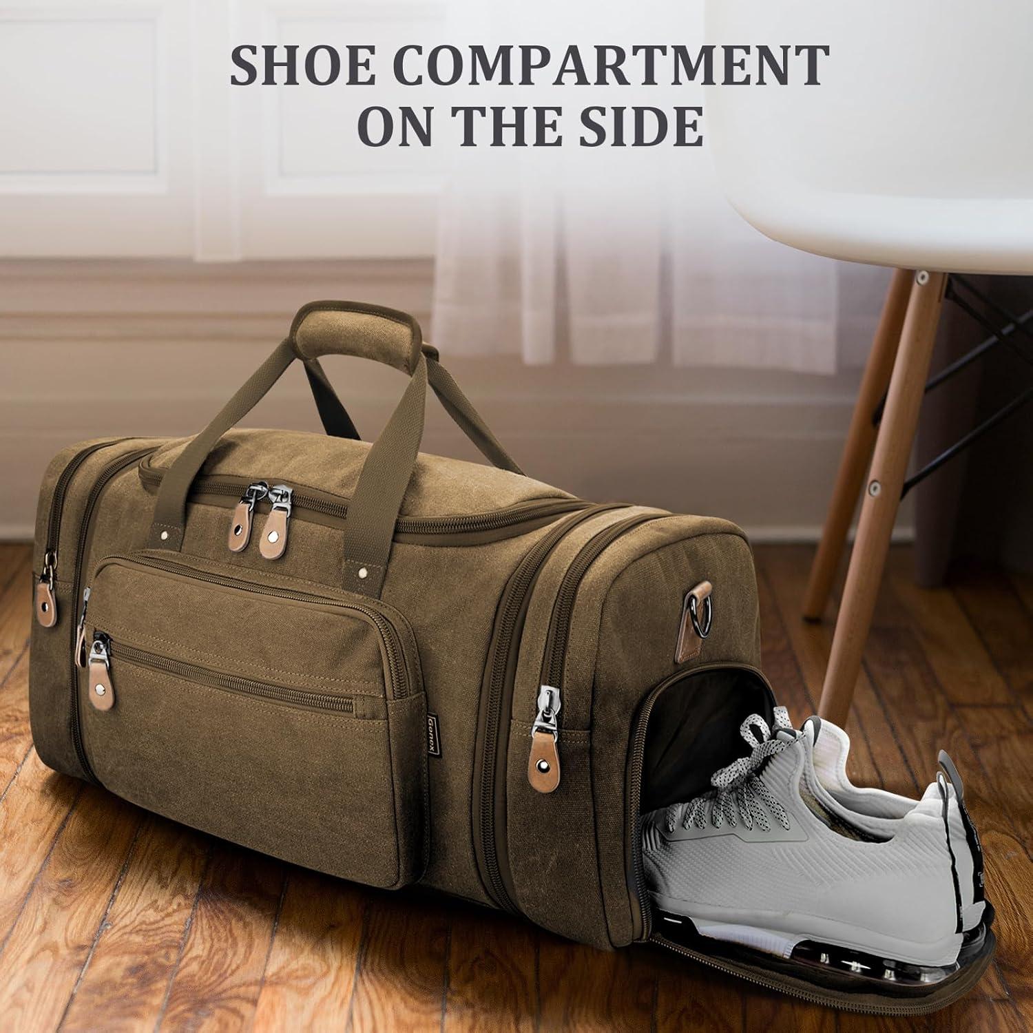 image:imageGonex Canvas Duffle Bag for Travel 60L Expandable Duffel Weekend Overnight Bag men Dark GrayCoffee