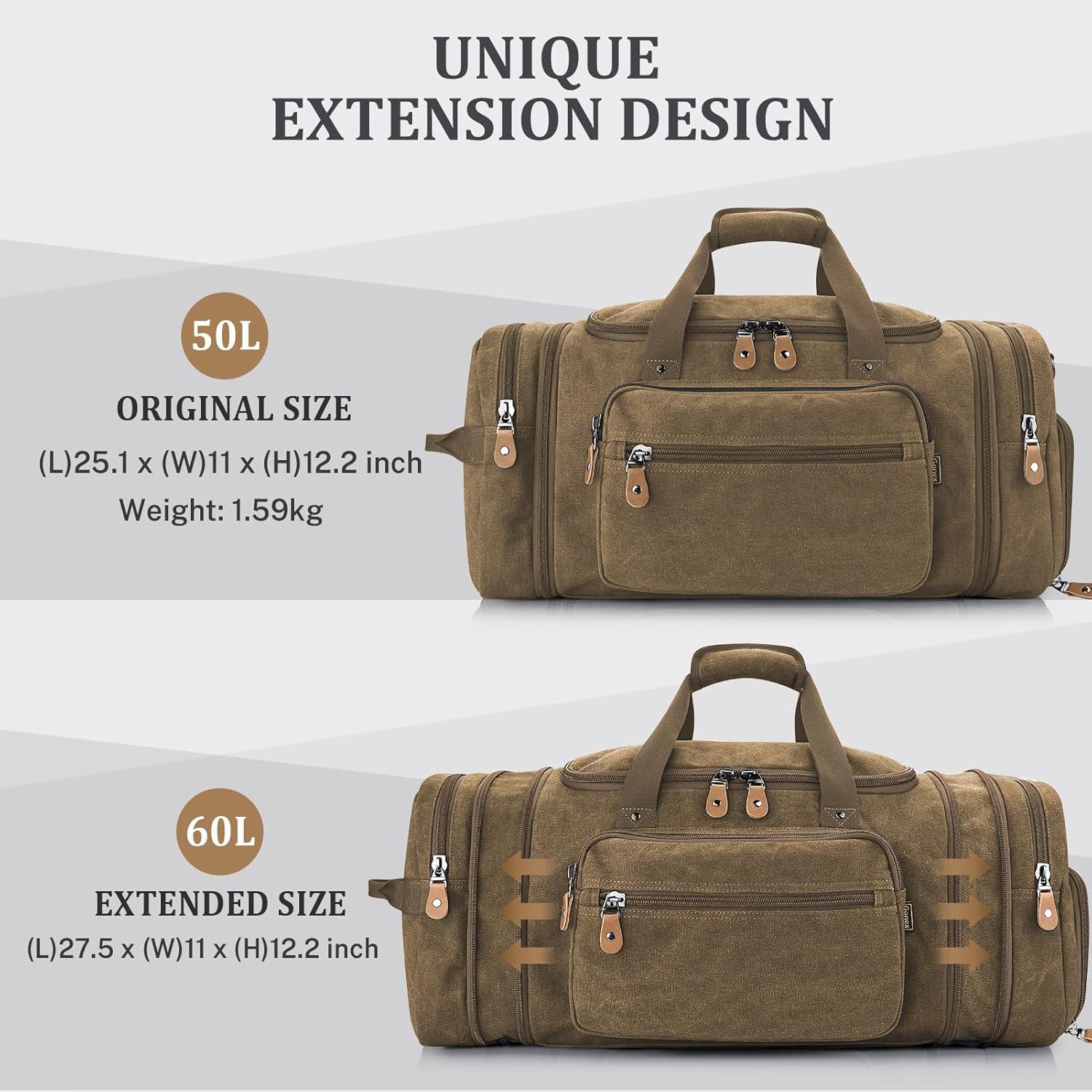 image:imageGonex Canvas Duffle Bag for Travel 60L Expandable Duffel Weekend Overnight Bag men Dark GrayCoffee