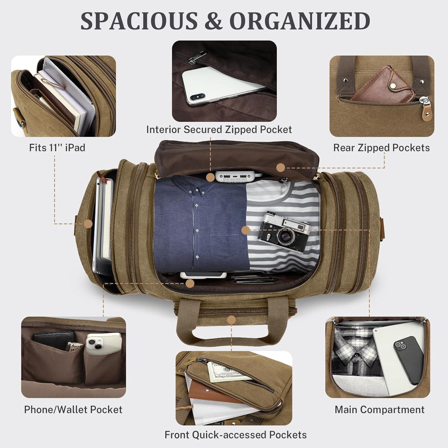 image:imageGonex Canvas Duffle Bag for Travel 60L Expandable Duffel Weekend Overnight Bag men Dark GrayCoffee