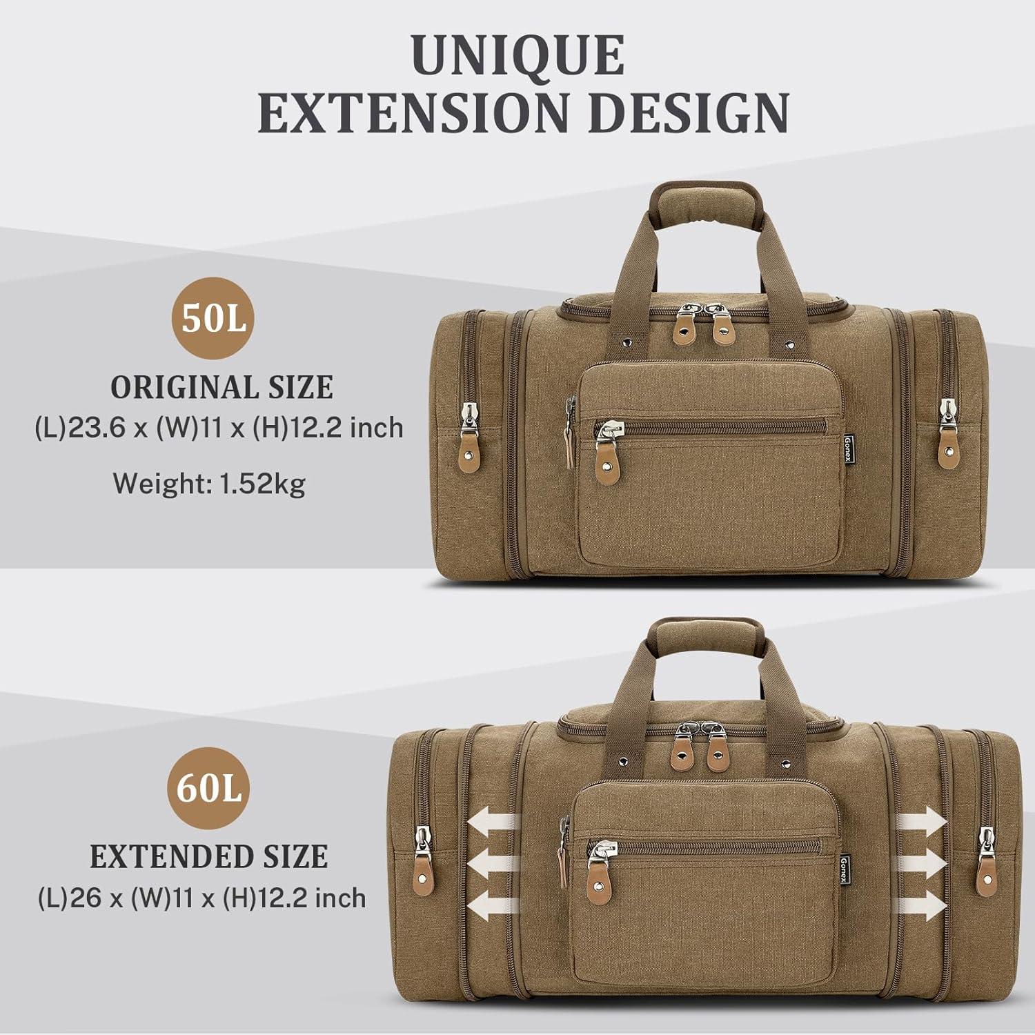image:imageGonex Canvas Duffle Bag for Travel 60L Expandable Duffel Weekend Overnight Bag men Dark GrayCoffee