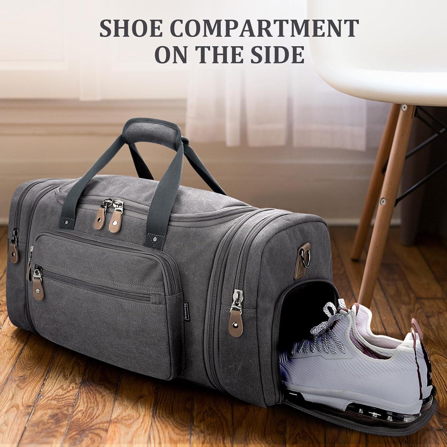 image:imageGonex Canvas Duffle Bag for Travel 60L Expandable Duffel Weekend Overnight Bag men Dark GrayGrey