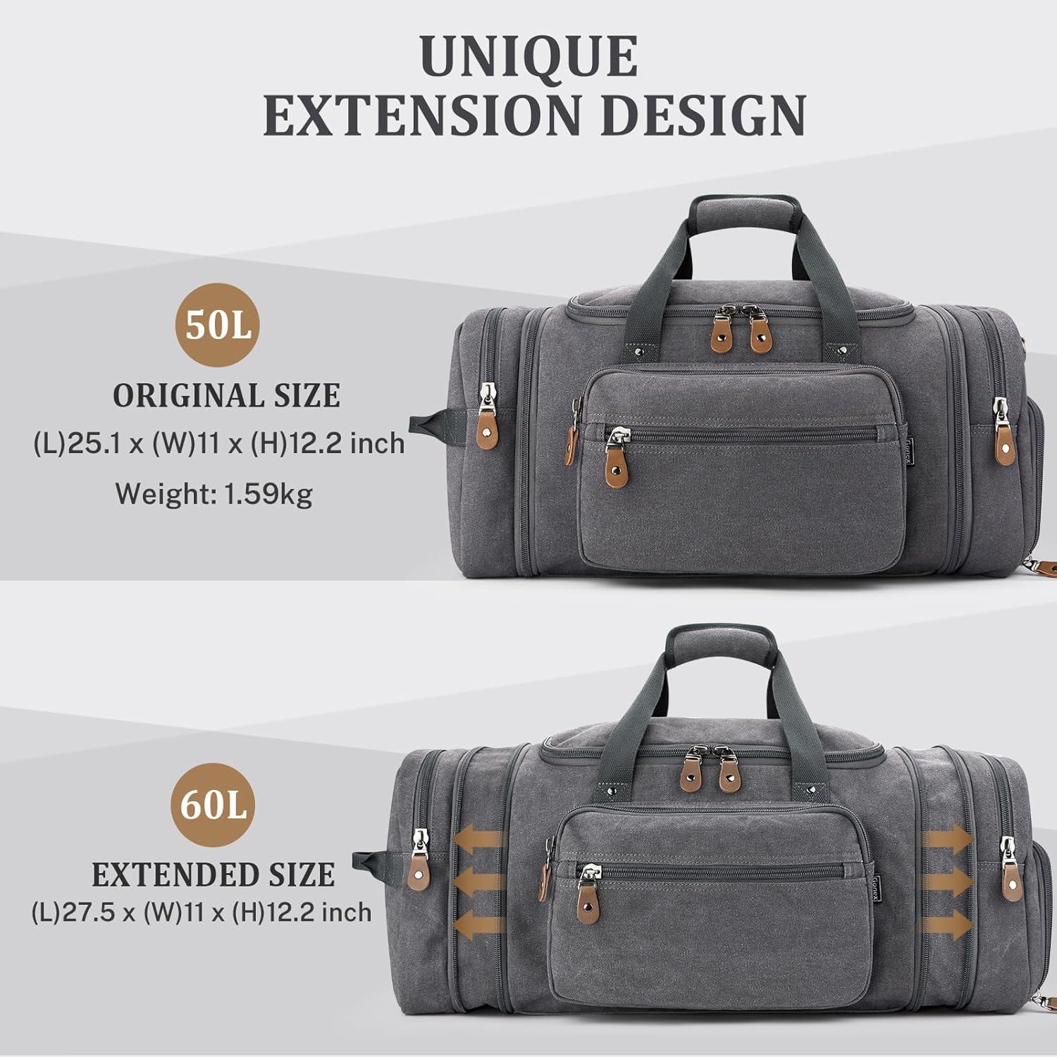 image:imageGonex Canvas Duffle Bag for Travel 60L Expandable Duffel Weekend Overnight Bag men Dark GrayGrey